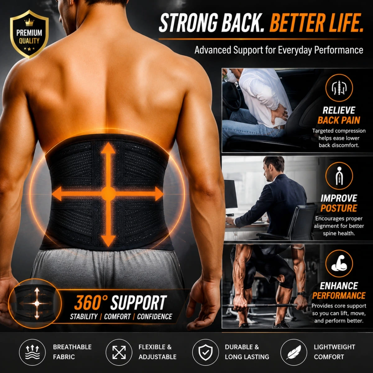 Premium 360° Lumbar Back Support Belt by AlphagearX BD for pain relief, posture correction, and lifting in Bangladesh.